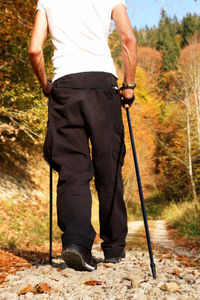 Rear view of man walking amidst trees