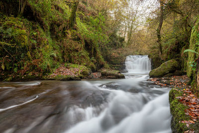 Long exposure of the big waterfall at watersmmet in exmoor national park in autumn