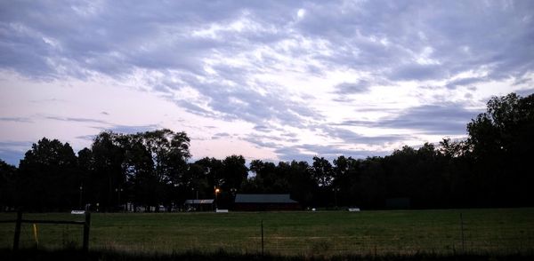 Trees on landscape against cloudy sky