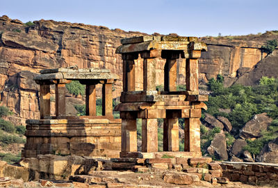 Ancient, two storied observation tower made up of huge stones in badami fort, karnataka, india.