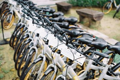 Close-up of bicycles parked at rack