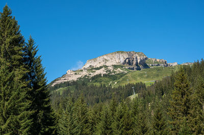 Low angle view of mountain against clear blue sky