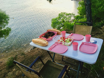 High angle view of breakfast on table