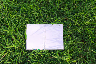 High angle view of paper on grass