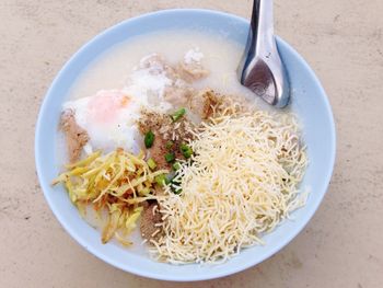 High angle view of noodles in bowl on table