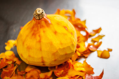 Close-up of peeled pumpkin on table