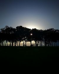 Silhouette trees on field against clear sky during sunset