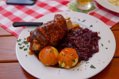 High angle view of bavarian food in plate on table