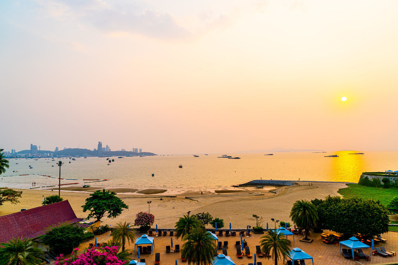 HIGH ANGLE VIEW OF BEACH AGAINST SKY AT SUNSET