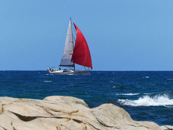 Sailboat sailing in sea against clear sky