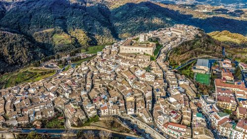 High angle view of buildings in town