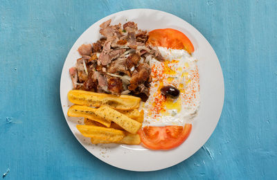 High angle view of food in plate on table