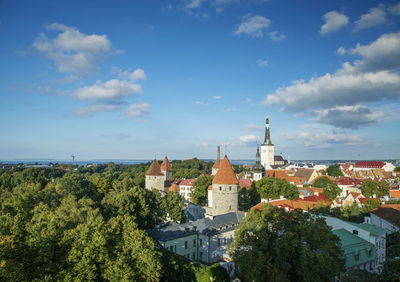 Buildings in city against cloudy sky