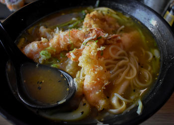 High angle view of noodles in bowl on table