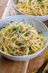 Close-up of noodles served in bowl