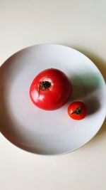 High angle view of tomatoes in plate on table