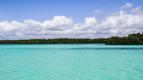 Scenic view of calm sea against cloudy sky