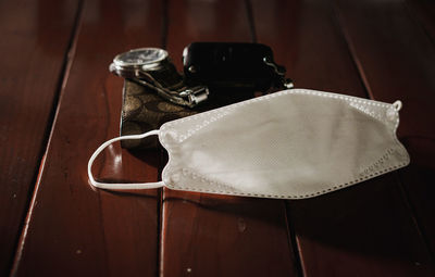 High angle view of leather on table