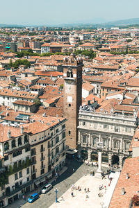 High angle view of buildings in city