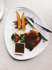 High angle view of food in plate on table
