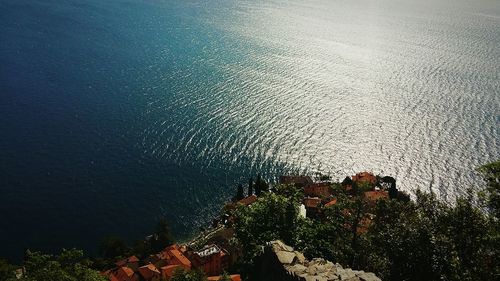 Aerial angle view of coastal town