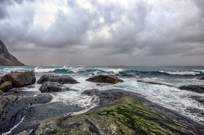 Scenic view of sea against sky at sandnes beach, flakstad municipality