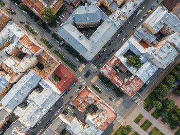 View from above on the crossroads and rusty rooftops of old living houses in st petersburg