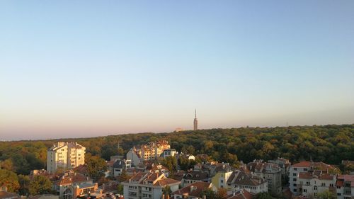 High angle view of townscape against clear sky