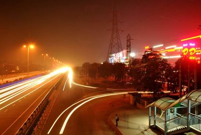 Light trails on road at night