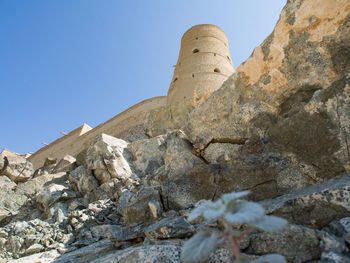 Low angle view of rock formation against clear blue sky