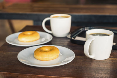 High angle view of breakfast served on table