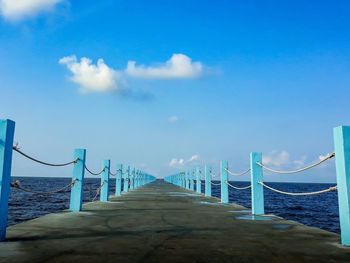 Bridge over calm blue sea against sky