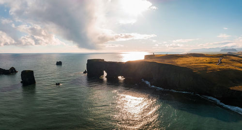 Aerial view of the iceland coastline by the black beach.