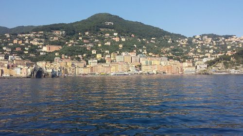 Town by sea against clear sky