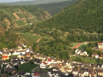 High angle view of houses in town