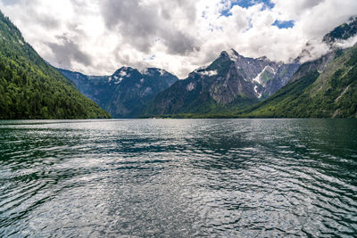 Scenic view of lake by mountains against sky