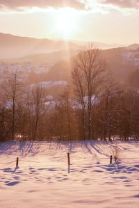 Scenic view of snow field against sky during sunset