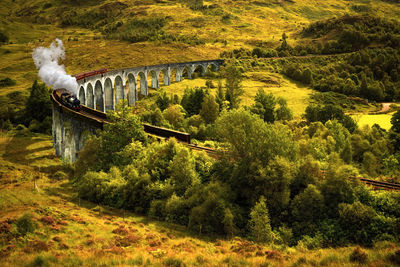 High angle view of train on railway bridge