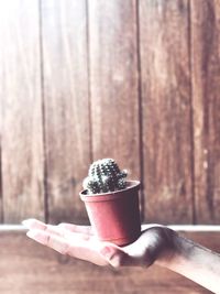 Close-up of hand holding ice cream on table