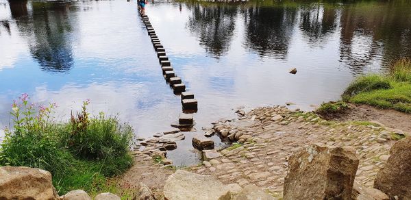 High angle view of rocks in lake