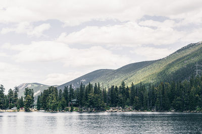 Scenic view of lake by mountains against sky