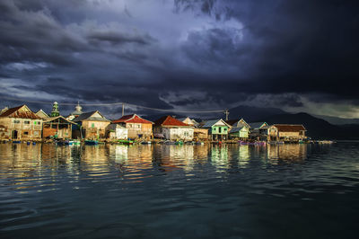 Houses by sea against sky