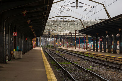 Empty railroad station platform against sky