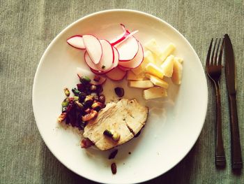 High angle view of food served in plate on table