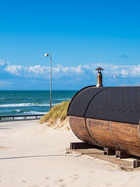 Scenic view of beach against clear blue sky