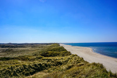 Scenic view of beach against clear blue sky