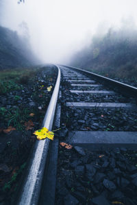 High angle view of railroad tracks on field against sky