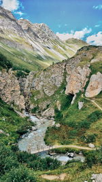 Scenic view of land and mountains against sky