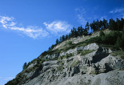 Low angle view of rocky mountain against blue sky