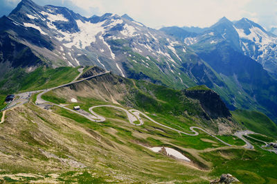 High angle view of mountain range against sky